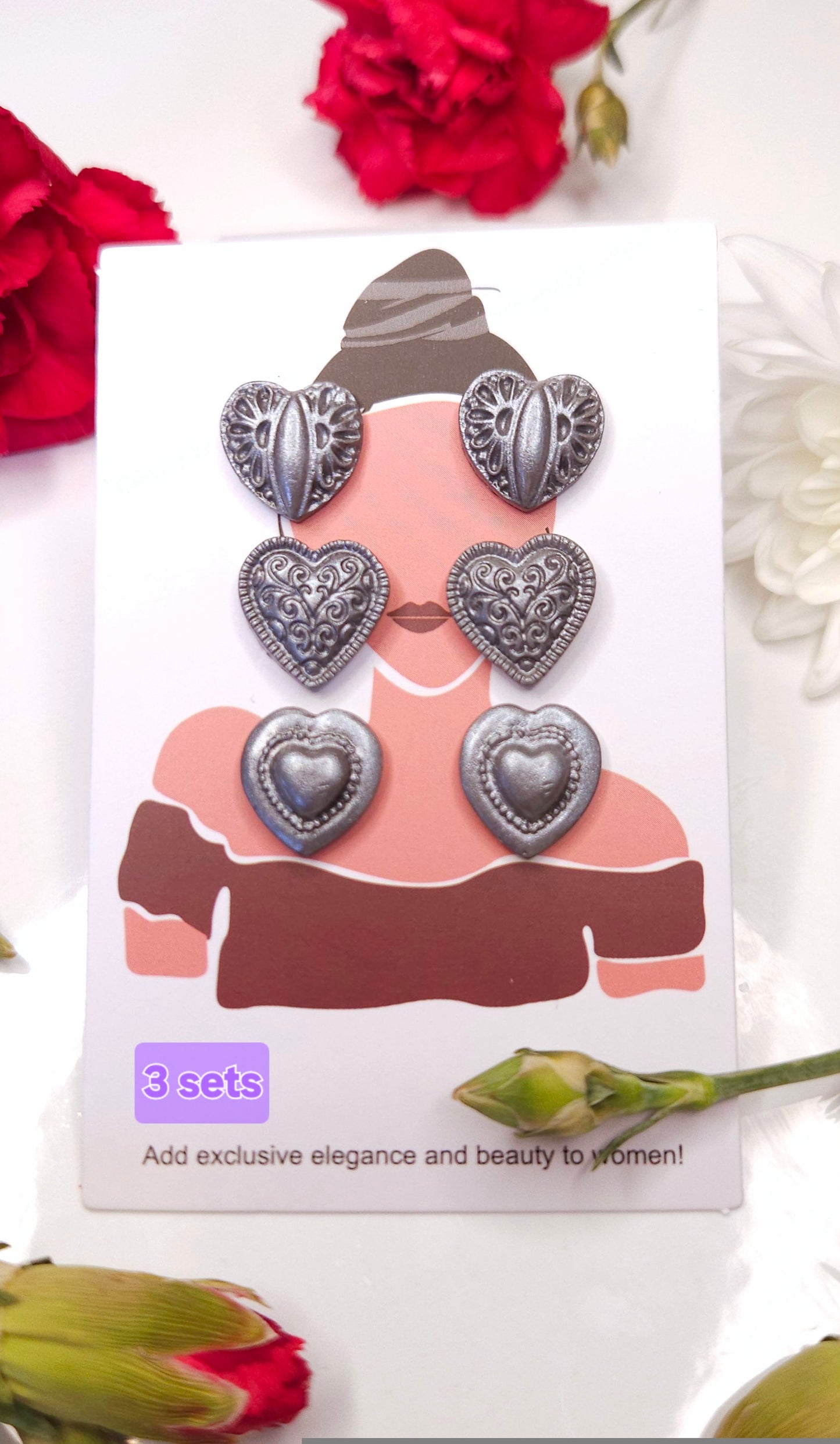 3 set Heart pendant earrings